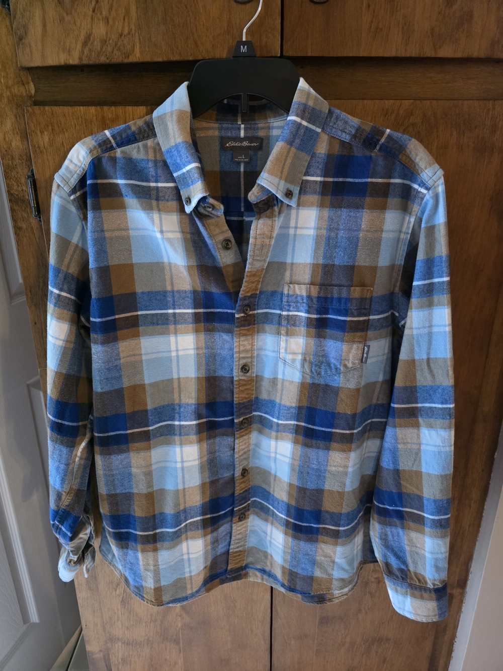 Eddie Bauer Blue and Brown Plaid Long-Sleeve Button-Down Shirt